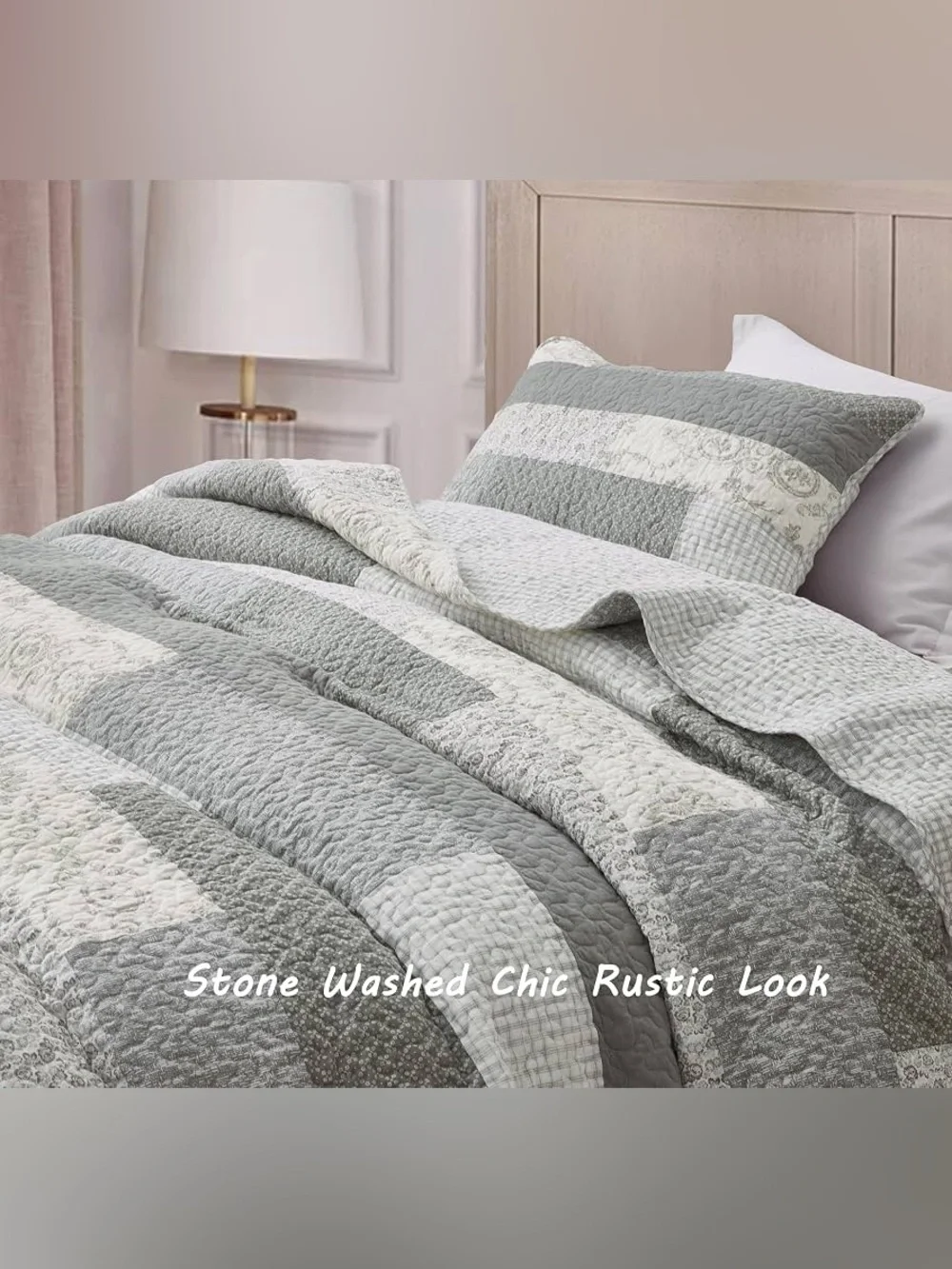 Gray and Cream Striped king 3 piece Quilted 100% cotton